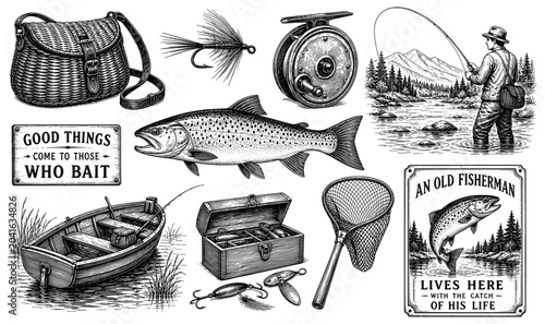 Vintage Fly Fishing Set With Trout, Reel, Rod, Boat And Tackle Box