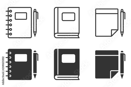 Set of notebook, book, and notepad icons with pen in black and white. Vector illustration.