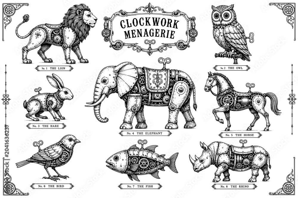 Obraz premium Clockwork menagerie vintage set with mechanical lion elephant and horse