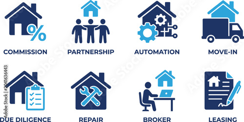 Cuadro en lienzo Real estate icons set representing commission partnership automation move in due diligence repair broker leasing
