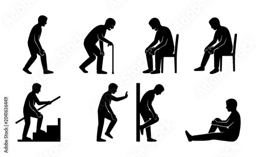 Schilderij op canvas Elderly People Poses Collection, Senior Man Silhouettes, Ageing Life Stages, Mob