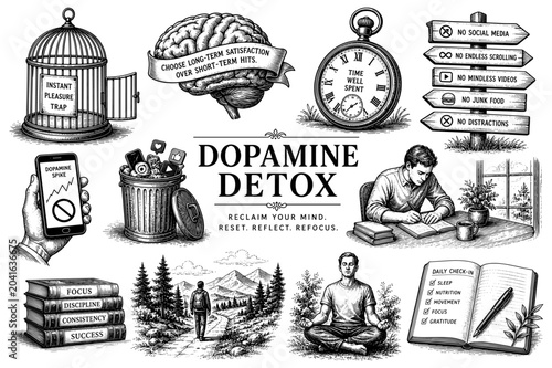 Dopamine detox vintage set with brain smartphone clock and meditation