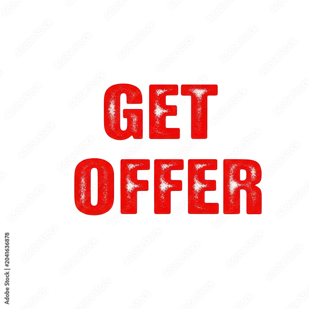 Fototapeta premium Bold red get offer text with a distressed grunge texture effect for marketing promotions and online sales banners on a clean background isolated on a transparent background