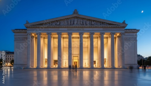 Grand museum building illuminated with warm interior lighting at night, celebrating cultural heritage for International Museum Day concept