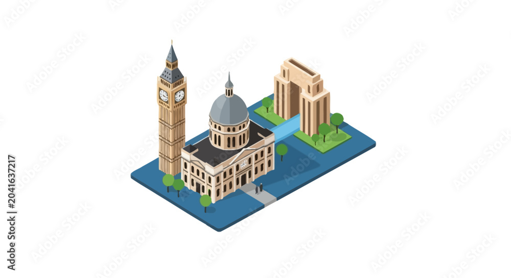 Fototapeta premium Isometric city scene with historic landmarks and urban park