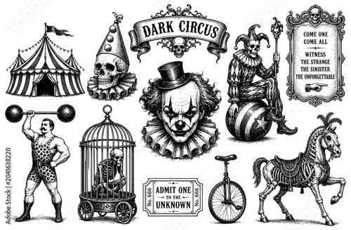 Dark circus carnival vintage set with sinister clown tent and skull