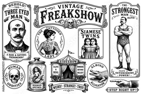 Vintage freakshow carnival set with strongman and human oddity