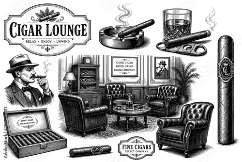 Cigar lounge vintage set with gentleman ashtray box and armchair