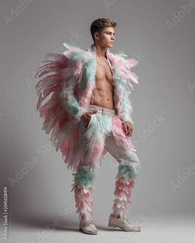 Male Fashion Model Wearing Pastel Feather Costume with Bare Chest in Studio