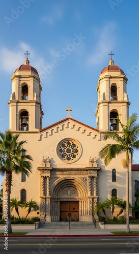 Historic Spanish Style Church Facade Standing Between Palm Tree Under Blue Sky