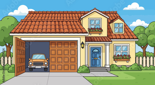 Cuadro en lienzo Cartoon house with garage and car, suburban home illustration