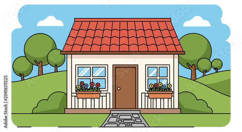 Schilderij op canvas Charming Cartoon House with Flower Boxes and Green Landscape
