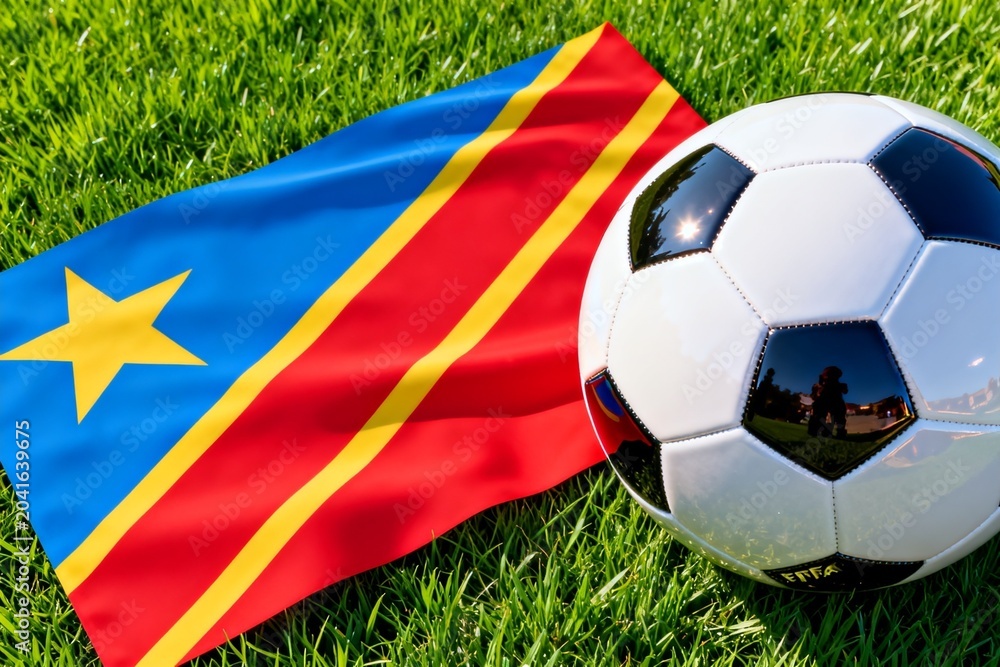 Naklejka premium Congo flag and soccer ball on green grass