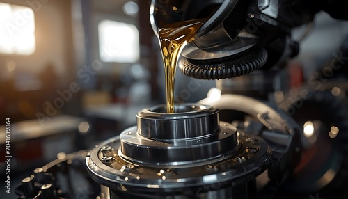 Industrial machinery lubrication process with golden oil pouring into a precision mechanical component in a factory setting
