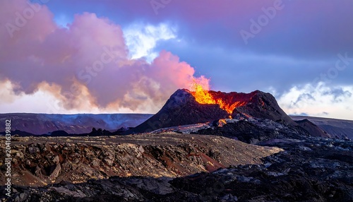 Active Volcanic Crater Erupting Glowing Lava in Rugged Barren Landscape