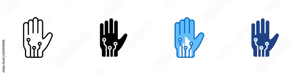 Fototapeta premium Biometric Hand Multiple Style Icon Design Vector - Circuit hand representing biometric access, touch authentication, and human machine interaction