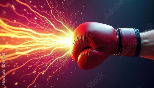 Boxer throwing a powerful punch with explosive lightning effect. Man wearing red boxing glove hitting energy blast. Concept of strength, competitive sports, training and dynamic action.