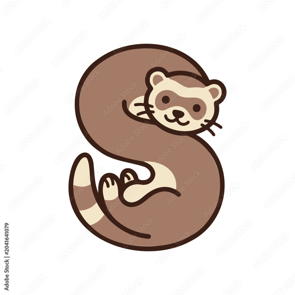 Fototapeta premium Cute ferret wrapped around a large brown letter S, adorable illustration, playful mood, vector graphic design.