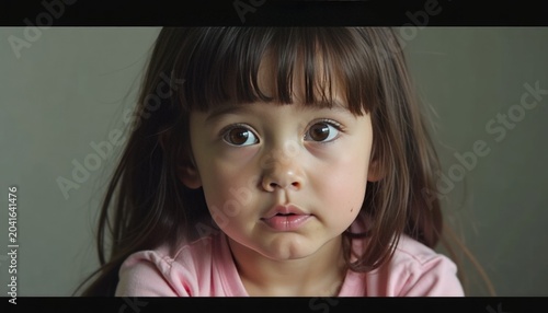 Portrait of cute female child looking with big brown eyes. Little girl with brown hair and bangs against a neutral background. Childhood innocence, emotion and human expression concept.