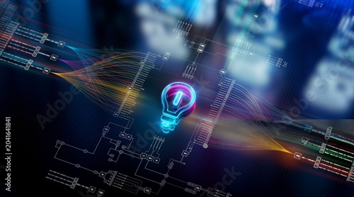 Foto Glowing bulb pulses at the center of digital circuitry