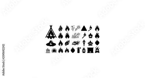 Foto Burning fire vector illustration set with blazing flames bonfires and spark icon