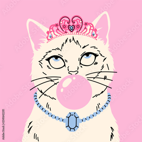 Εκτύπωση καμβά Cute White Cat Blowing Bubble Gum Illustration