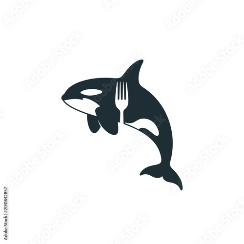Schilderij op canvas Icon of an orca whale with a fork in its dorsal fin, black and white silhouette