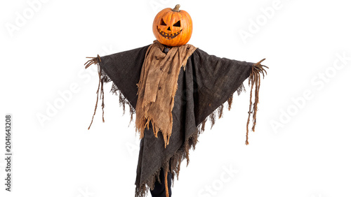 Φωτογραφία Scary Halloween scarecrow character with a glowing orange carved pumpkin head is