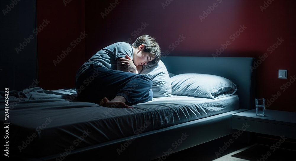 Fototapeta premium Person Suffering From Insomnia in A Dark Room on Bed, Anxious in The Night