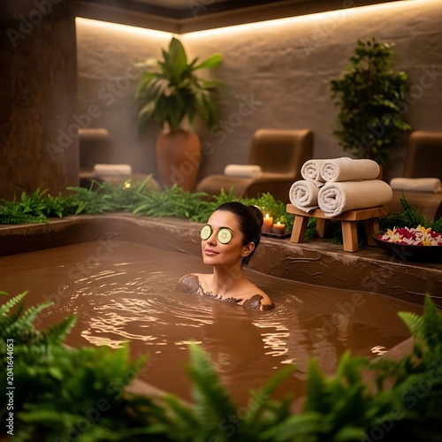 Relaxed Young Woman Soaking with Cucumber Eye Treatment in Luxury Spa Bath