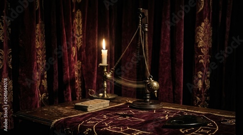 Mystical Seance Atmosphere With Candle Light, Pendulum, And Occultism Focus