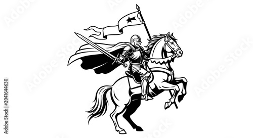 Fotografie A black and white illustration of a medieval knight in armor riding a rearing ho