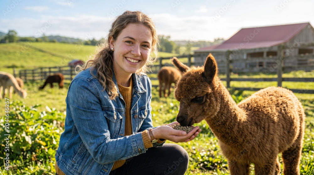 Fototapeta premium Young female farmer smiling denim jacket alpaca farm feeding young female farmer in denim jacket smiling while feeding alpaca on sunny rural farm pasture, barn and fence behind, warm evening light