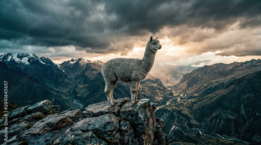 Naklejka premium Alpaca mountain landscape rock summit dramatic sky standing wilderness Andes nature, light gray alpaca standing proudly rocky summit rugged mountain landscape, dramatic storm cloud over valley