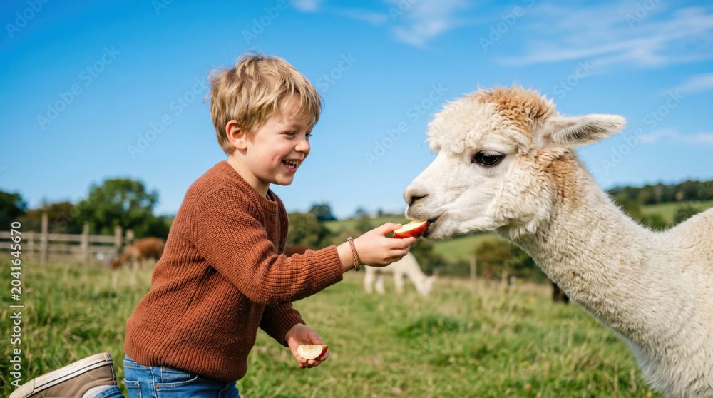 Naklejka premium Alpaca boy child feeding apple farm smiling outdoor pasture animal Young boy smiling while feeding alpaca apple slice rural farm pasture blue sky, playful outdoor animal interaction, family travel