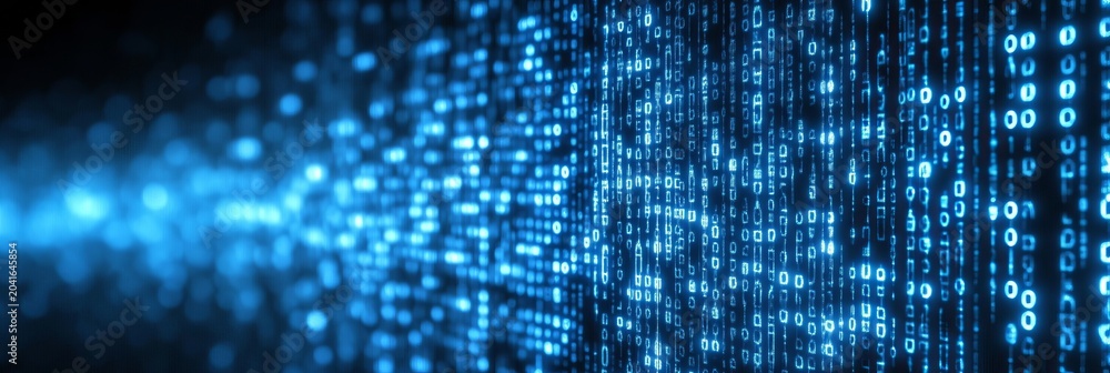 Fototapeta premium Futuristic electronic technology background with flowing binary code and digital elements.