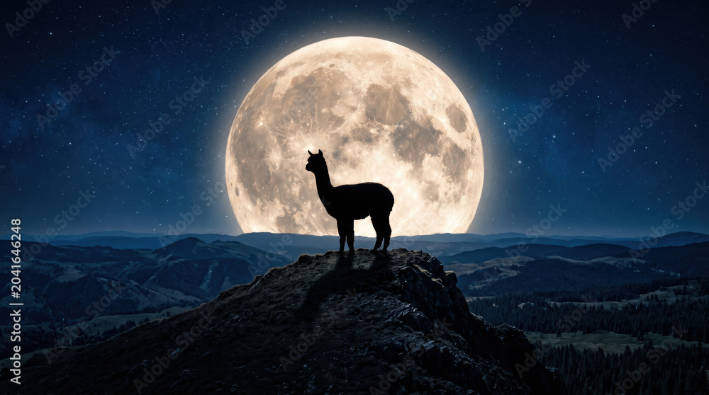 Naklejka premium Alpaca silhouette full moon night sky mountain ridge star dramatic landscape wilderness moonlight nature. Dark alpaca silhouette standing rocky mountain ridge bright full moon, starry night sky