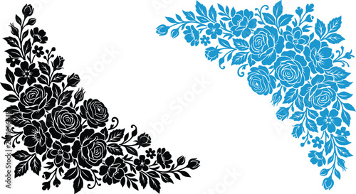 Floral corner designs with roses and leaves in black and blue