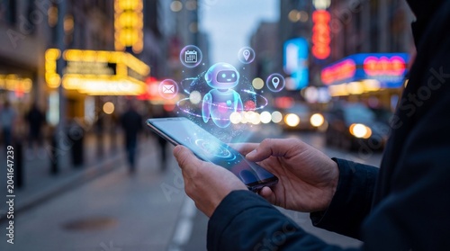 Person using a smartphone with a holographic ai assistant and digital icons in a city street at night