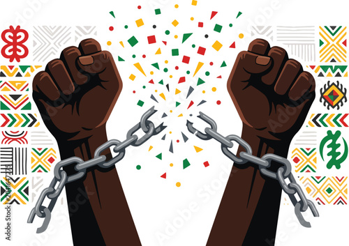 Raised fists breaking chains with tribal pattern vector banner