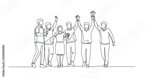 Photos Group of people celebrating success with trophies, continuous line art drawing