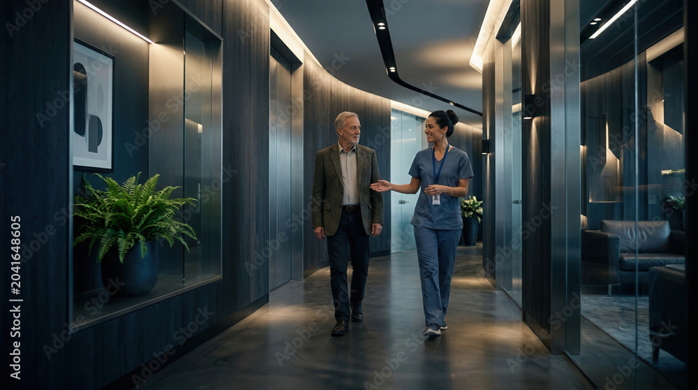 Fototapeta premium Patient And Nurse Walking Together In The Modern Hospital Corridor