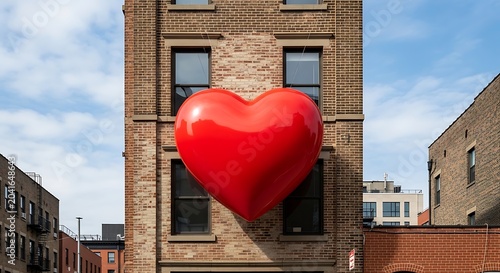 Glossy Red Heart Floating Against Brick Building in Urban Street