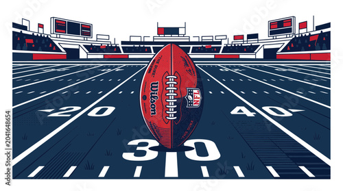 Foto American Football Field with NFL Ball, Stadium Seating, and Yard Lines