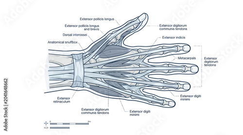Cuadro en lienzo Anatomy of the Human Hand: Muscles, Tendons, and Bones Illustration