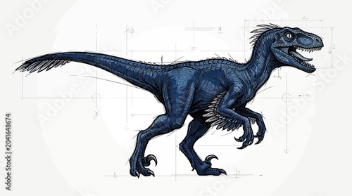 Obraz na płótnie Blue Velociraptor Dinosaur Sketch on Blueprint Background