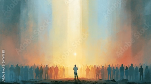 Christian Assembly Under Divine Light Watercolor Illustration