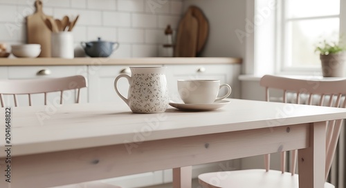 Minimalist kitchen table with ceramic pitcher and white tea cup