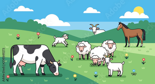 Fotografie Farm animals grazing in a lush green meadow under a blue sky with clouds and sun