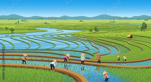 Obraz na płótnie Asian rice terraces with farmers working, lush green landscape, water irrigation, rural agriculture scene